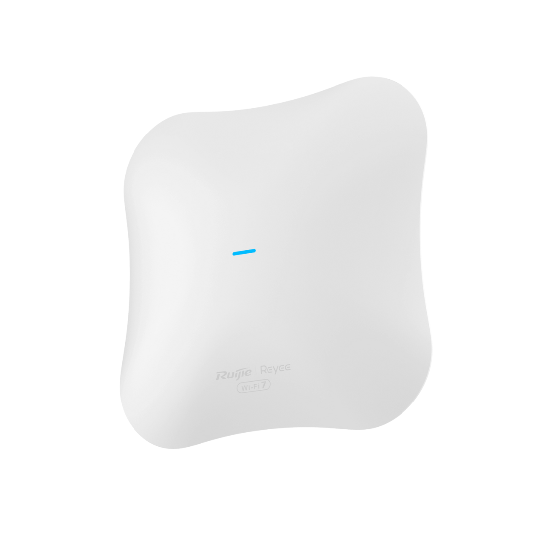 White router device with a blue light on a white background